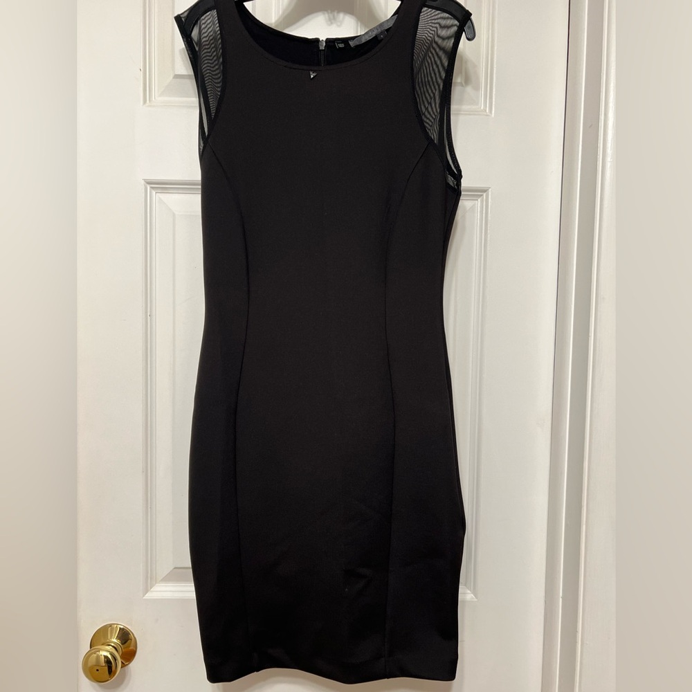 GUESS BRAND: Black Mini Dress with Mesh Shoulder Panels